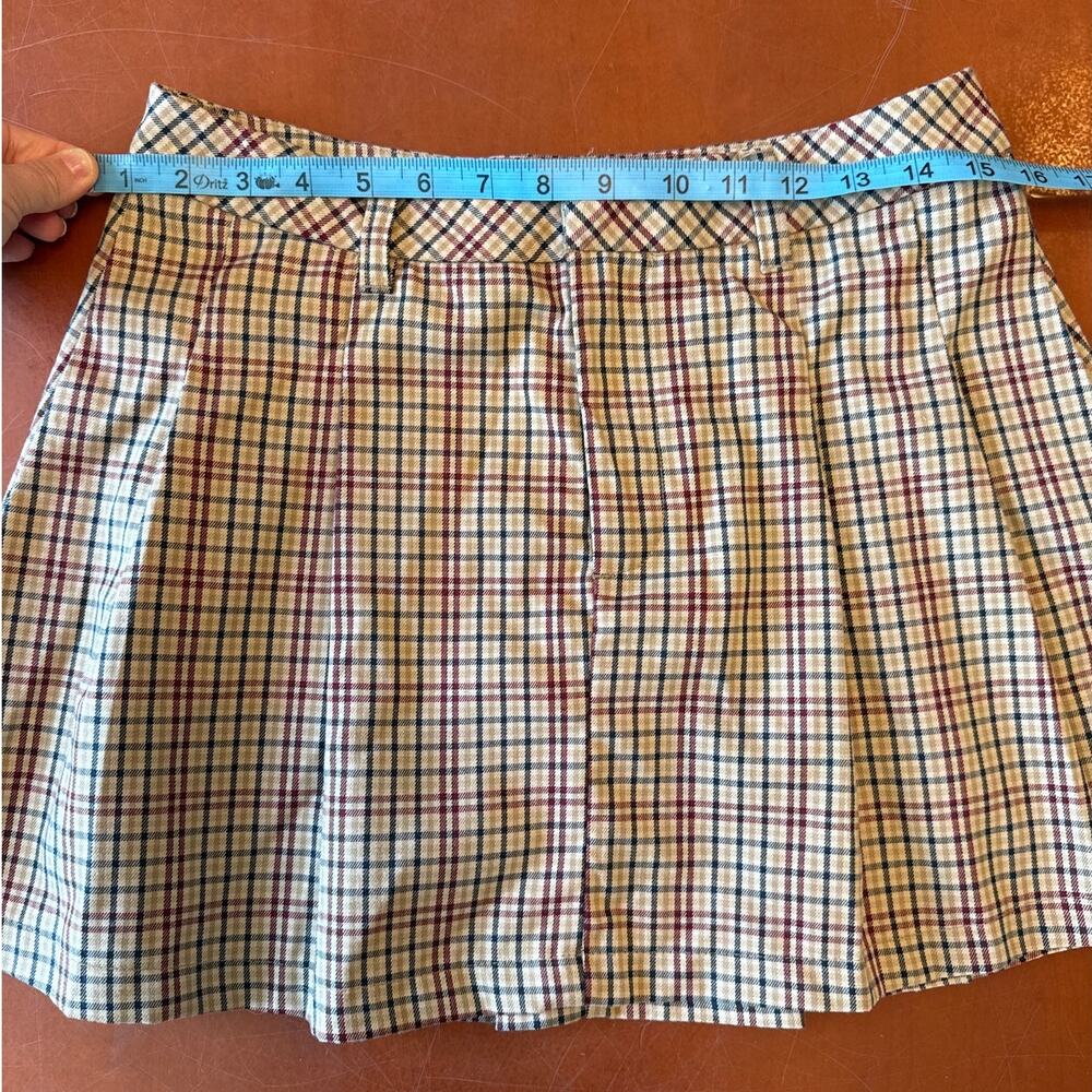Plaid Mini Skirt Tan Burgundy Pleated Preppy Twee Style Size Small - Picture 3 of 6
